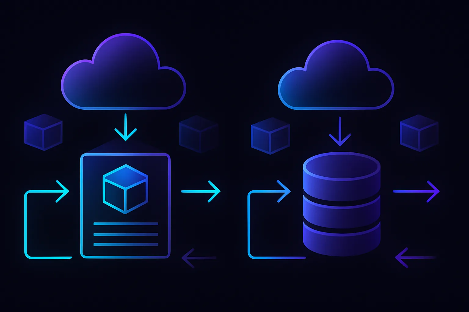 Two contrasting cloud architectures with data flow arrows