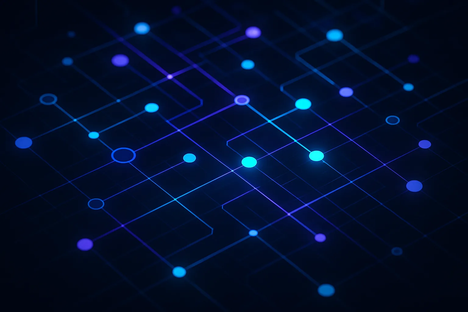 Complex network of nodes with glowing pathways