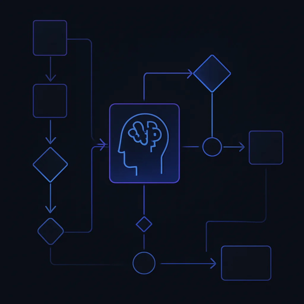 Abstract flowchart with nodes and arrows representing AI evaluation steps