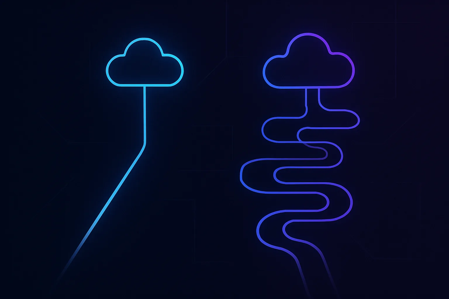 Two paths diverging with cloud symbols