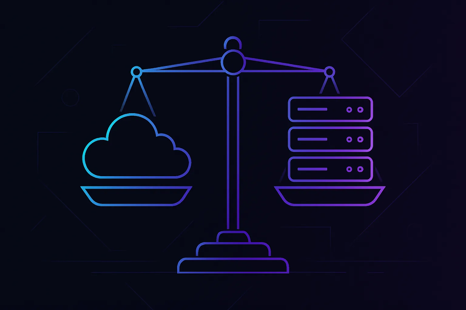 Balancing scales with cloud icons on one side and server icons on the other