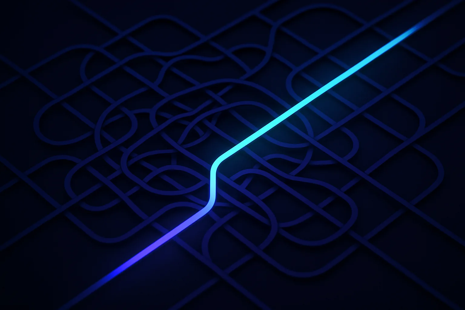 A tangled web of paths with a clear straight path highlighted