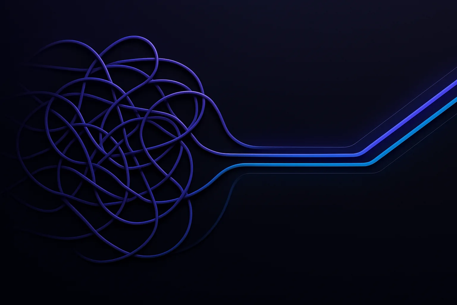 Abstract tangled lines resolving into a straight path