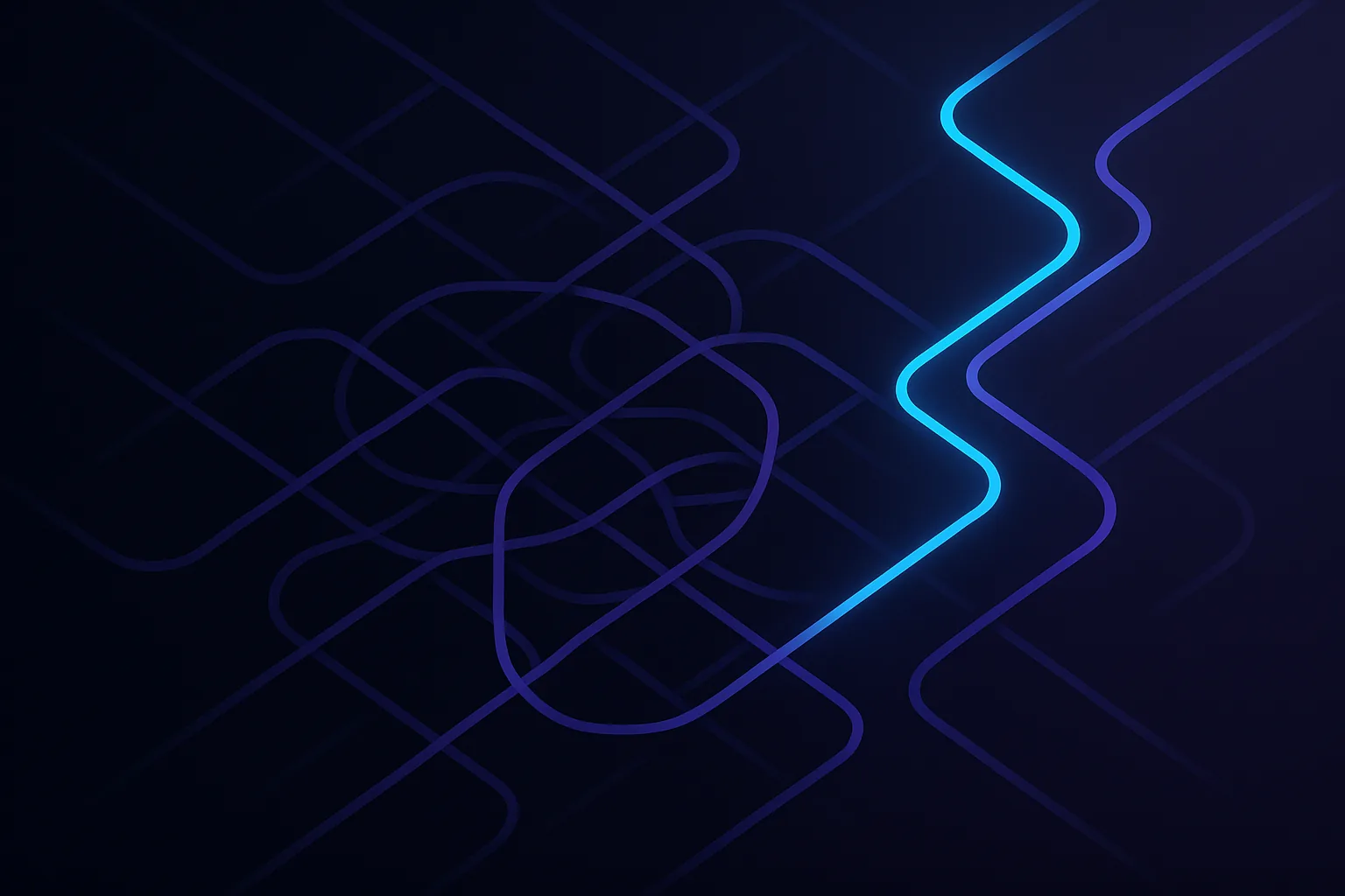 A tangled web of paths with one clear route