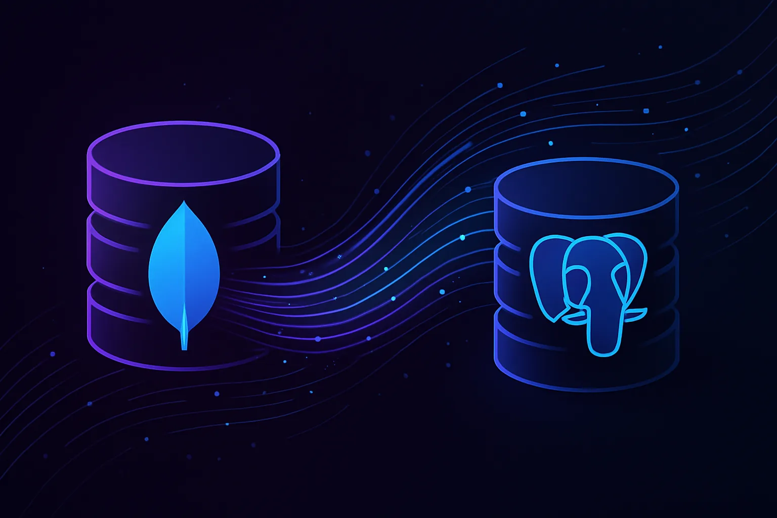 Two contrasting database icons with data streams