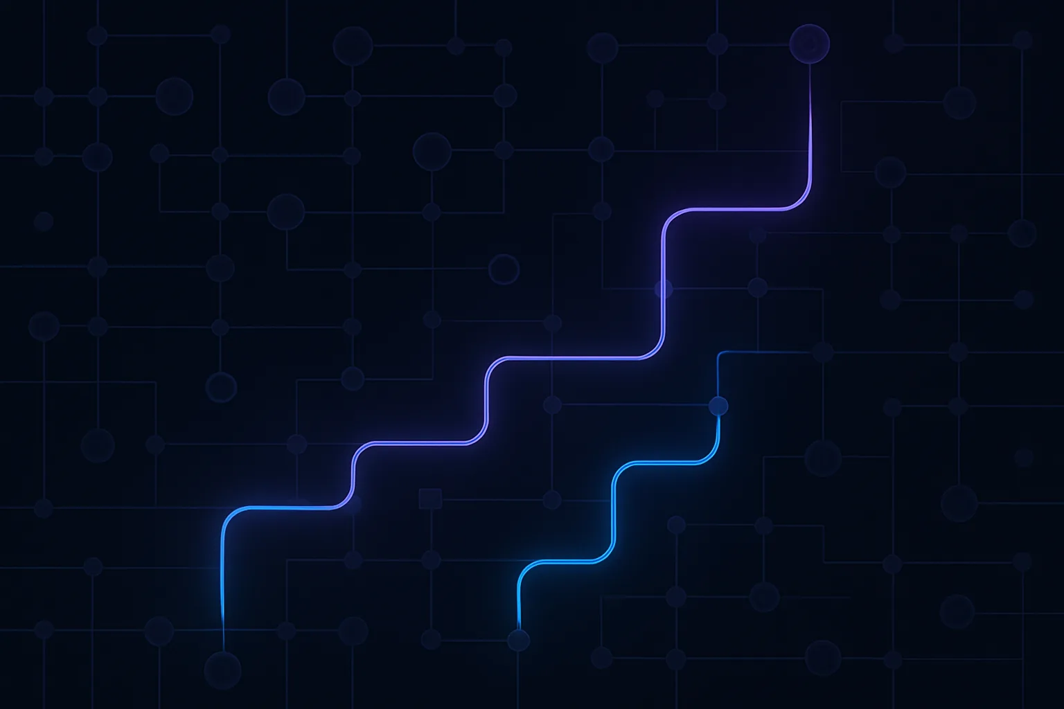 Complex network of nodes with highlighted decision paths