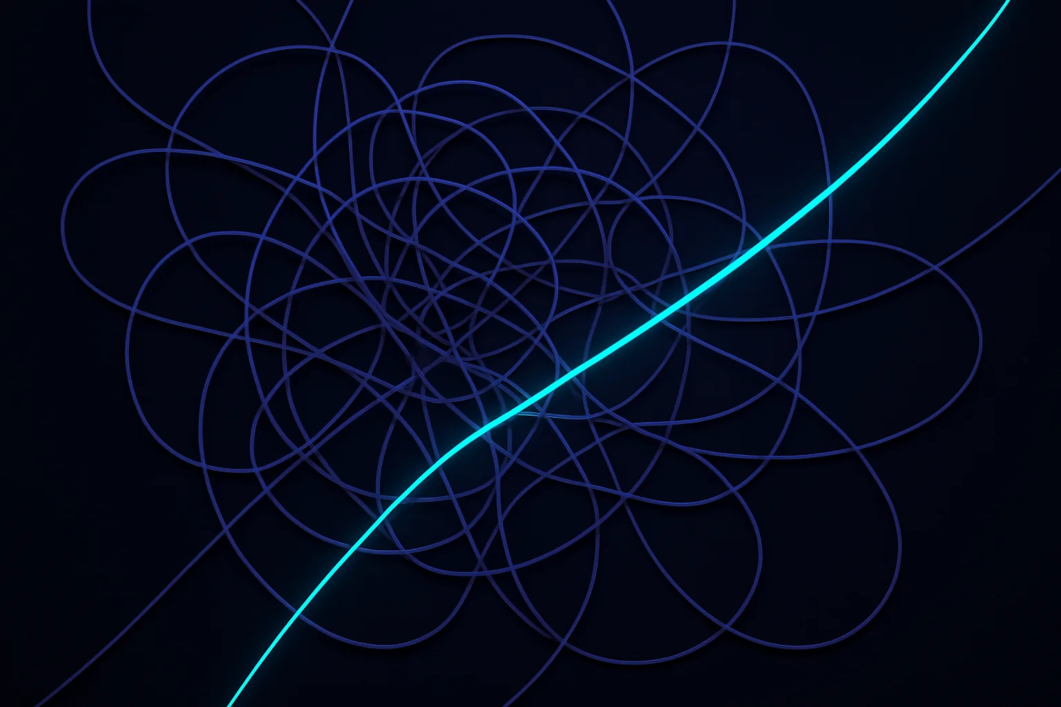 A tangled web of threads with one clear path highlighted