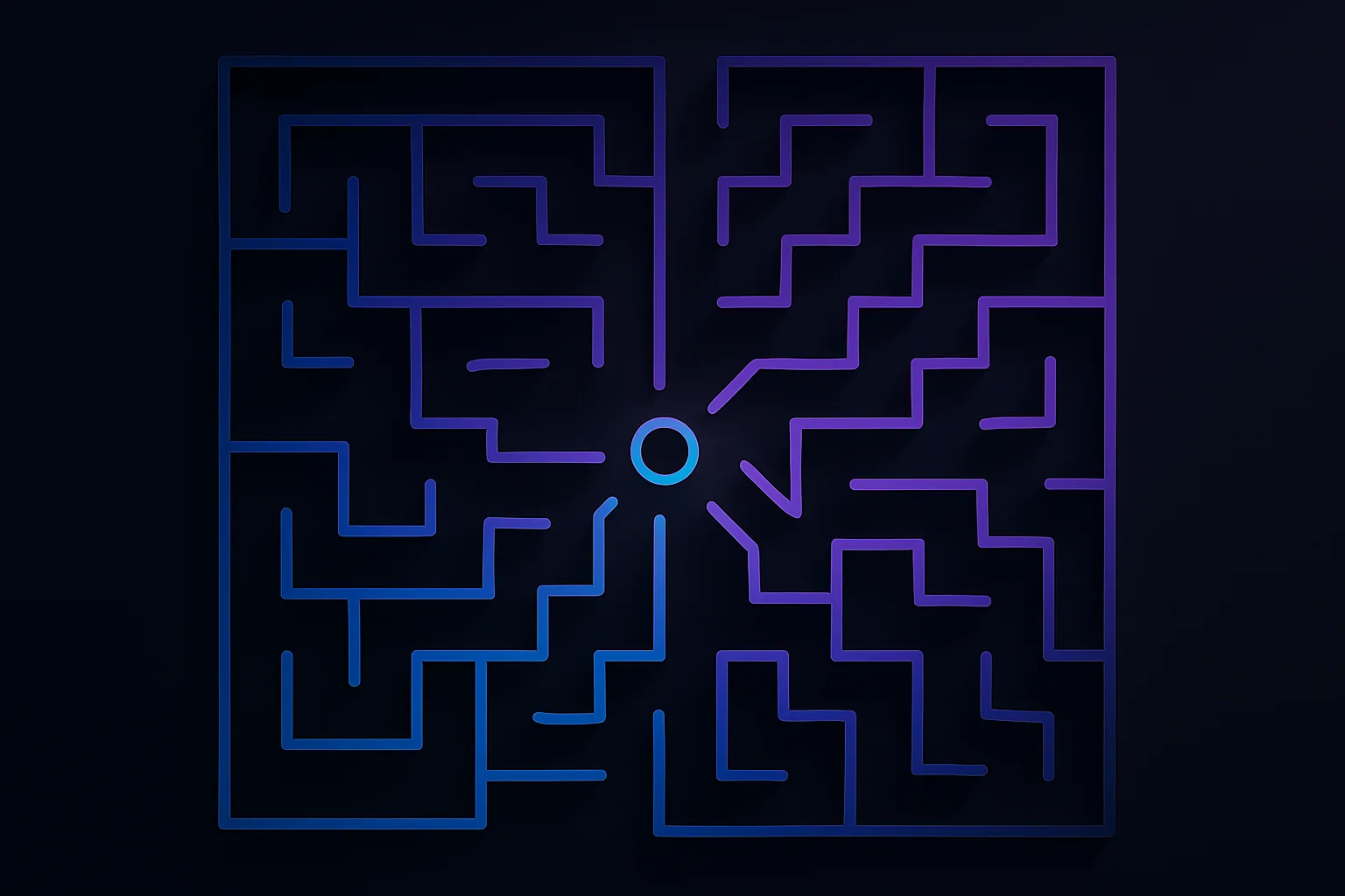 A maze with multiple paths leading to a central point