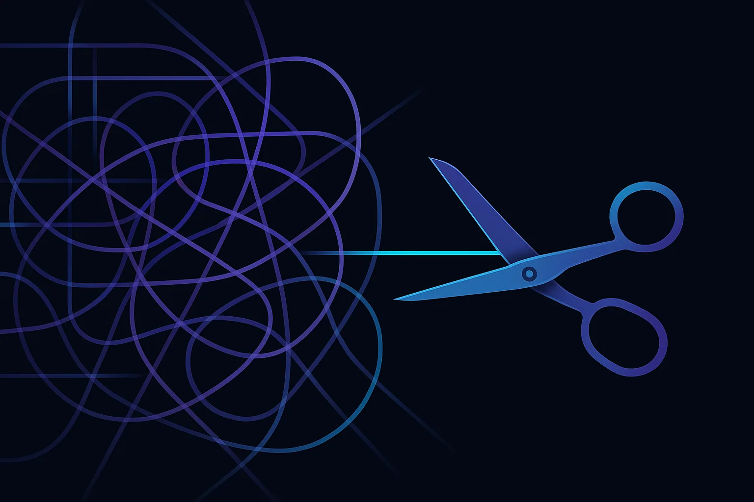 A tangled web of lines being cut by scissors